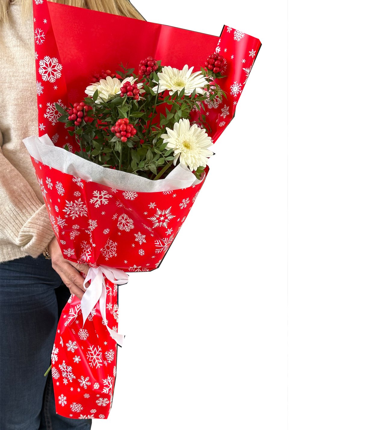 Kırmızı Desenli Bukette Kokina Yılbaşı Çiçeği & Beyaz Gerbera