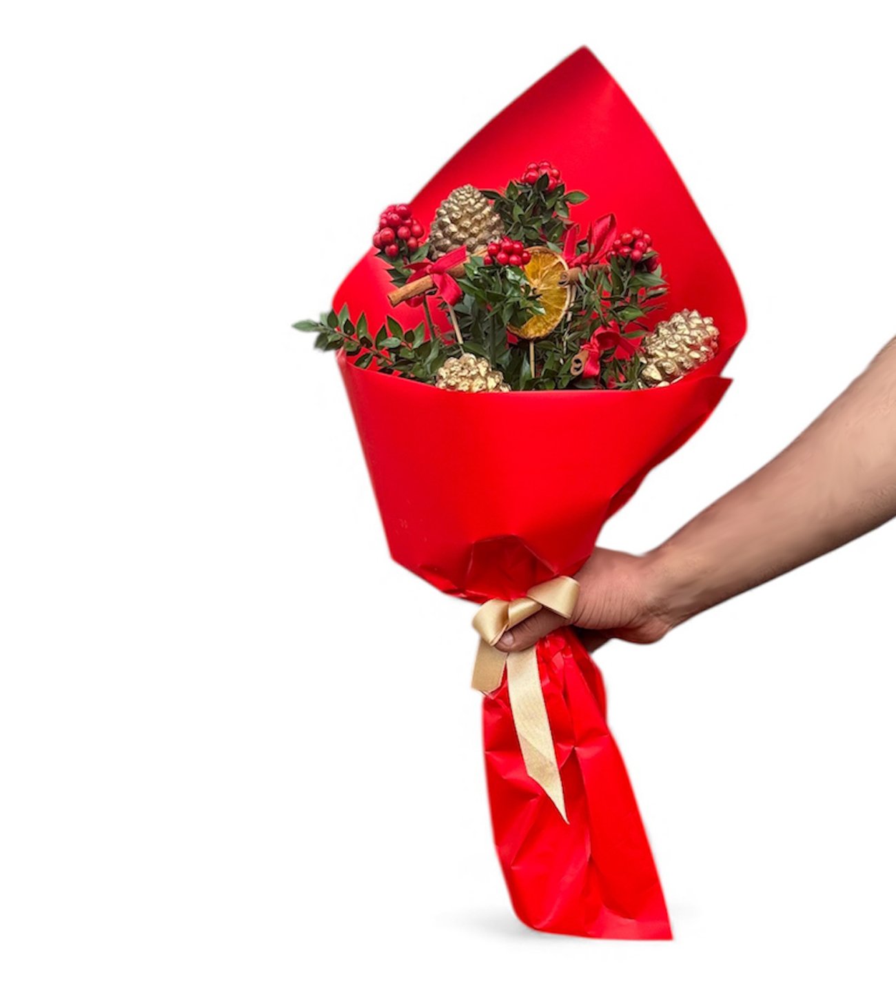 Kurdeleli Kırmızı Bukette Kokina ve Kozalaklar - Görsel 2