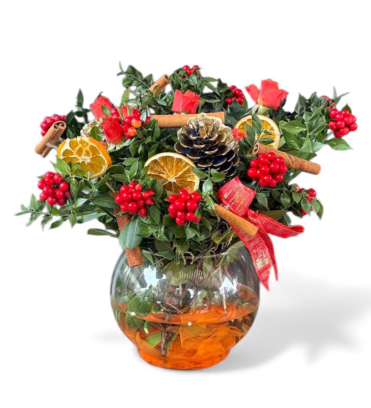 Cam Akvaryumda Kokina Çiçeği ve Turuncu Güller