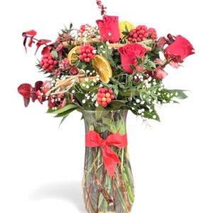 Cam Vazoda Kokina Çiçeği ve Kırmızı Güller