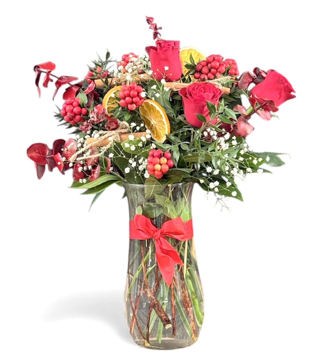 Cam Vazoda Kokina Çiçeği ve Kırmızı Güller