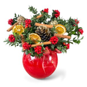 Kırmızı Cam Akvaryumda Kokina Çiçeği ve Kozalaklar