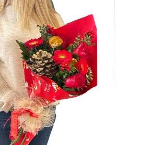 Kırmızı Desenli Kırmızı Gül & Kırmızı Gerbera ve Kokina Buketi