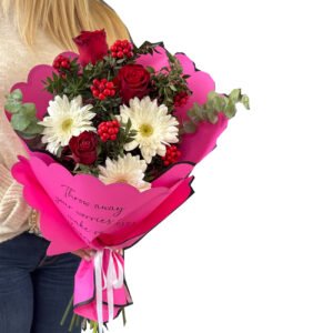 Pembe Bukette Kokina, Kırmızı Gül ve Beyaz Gerberalar