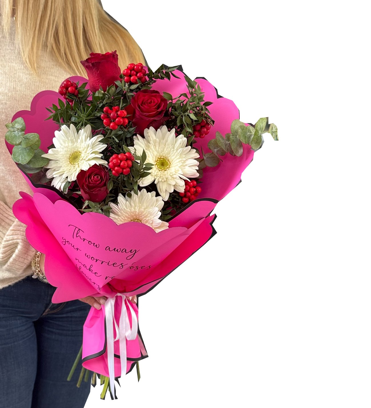 Pembe Bukette Kokina, Kırmızı Gül ve Beyaz Gerberalar